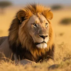 Qwen Image — A majestic lion with a full mane, golden savanna b