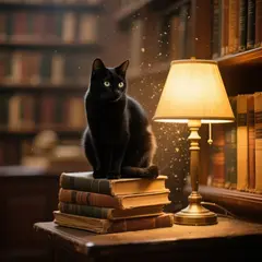 Qwen Image — A black cat sitting on a stack of old books in a c