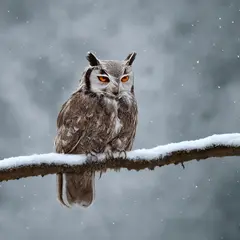 Qwen Image — An owl perched on a snow-covered branch, intense a