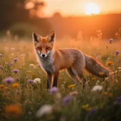 Qwen Image — A fox in a field of wildflowers, backlit by sunset