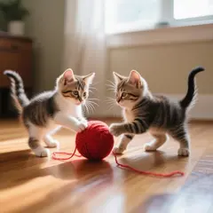 Qwen Image — Two kittens playing with a ball of red yarn on a h