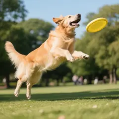 Qwen Image — A golden retriever catching a frisbee in mid-air a