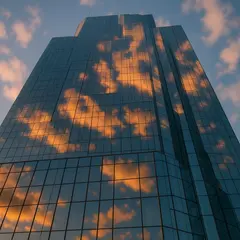Qwen Image — A modern glass skyscraper reflecting clouds at sun