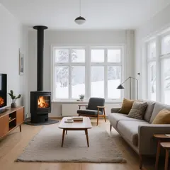 Qwen Image — A cozy Scandinavian living room with a fireplace, 