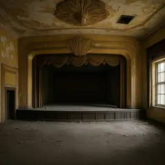 Qwen Image — An abandoned Art Deco theater with peeling gold pa