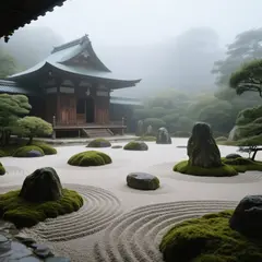 Qwen Image — A Japanese zen garden with raked gravel, moss-cove