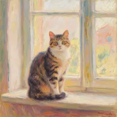 Qwen Image — A cat sitting on a windowsill, impressionist oil p