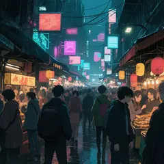 Qwen Image — A cyberpunk street market in Tokyo, anime style, n