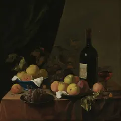 Qwen Image — A still life of fruit and wine on a table, Dutch G