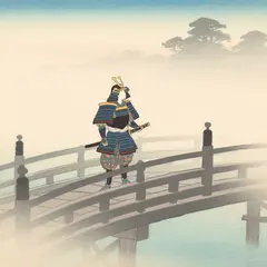 Qwen Image — A lone samurai standing on a misty bridge, ukiyo-e