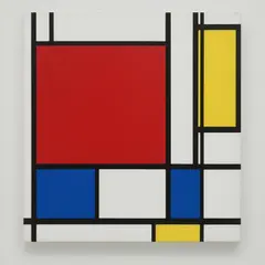 Qwen Image — A geometric abstract composition with red, blue, a