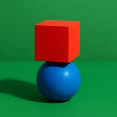 Qwen Image — A red cube on top of a blue sphere, both sitting o
