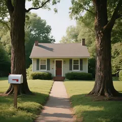 Qwen Image — A small house between two tall trees, with a path 