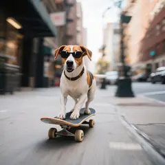 Qwen Image — A dog wearing sunglasses riding a skateboard down 