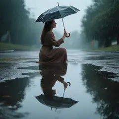 Qwen Image — A woman holding an umbrella in the rain, reflected