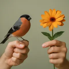 Qwen Image — A bird perched on the left hand of a person, the r