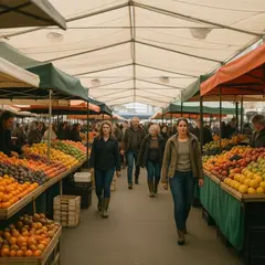 Qwen Image — A busy farmer's market scene with at least six dif