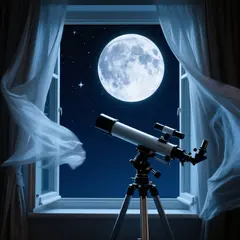 Qwen Image — A telescope pointing at the moon through an open w