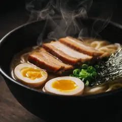 Qwen Image — A steaming bowl of ramen with chashu pork, soft-bo