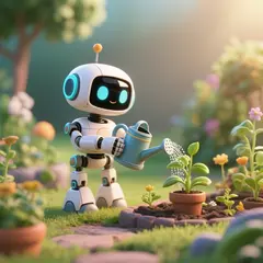Qwen Image — A 3D render of a cute robot watering plants in a m