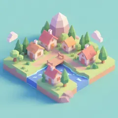 Qwen Image — An isometric low-poly village with tiny houses, tr