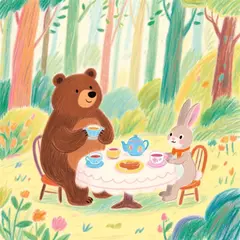 Qwen Image — A children's book illustration of a bear and a rab