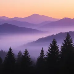 Qwen Image — A misty mountain range at sunrise, layers of purpl