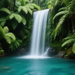 Qwen Image — A waterfall cascading into a tropical pool surroun