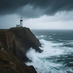 Qwen Image — A coastal cliff with crashing waves below, lightho