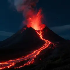 Qwen Image — A volcano erupting at night with lava flowing down