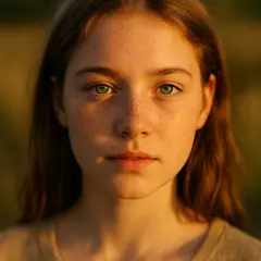 Qwen Image — A young woman with freckles and green eyes, golden