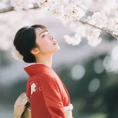 Qwen Image — A Japanese woman in a red kimono standing under ch
