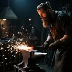 Qwen Image — A bearded blacksmith in a dark workshop, sparks fl
