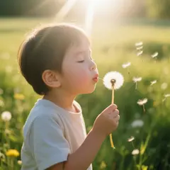 Qwen Image — A child blowing dandelion seeds in a sunlit meadow