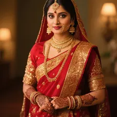 Qwen Image — An Indian bride in traditional red and gold leheng