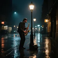 Qwen Image — A street musician playing saxophone under a lamppo