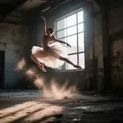 Qwen Image — A ballet dancer mid-leap in an abandoned warehouse