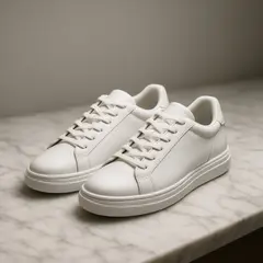 Qwen Image — A pair of white leather sneakers on a marble count