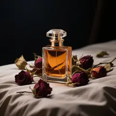 Qwen Image — A bottle of amber perfume on a bed of dried roses,