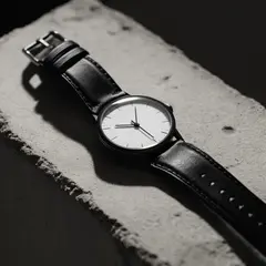Qwen Image — A minimalist wristwatch with a black leather strap