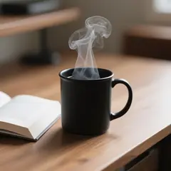 Qwen Image — A matte black coffee mug with steam rising, placed