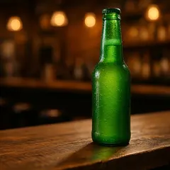 Qwen Image — A green glass bottle of craft beer with condensati