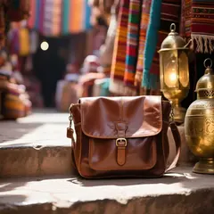 Qwen Image — A leather messenger bag on a sun-dappled step in a