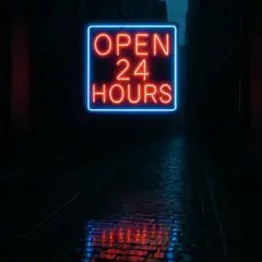 Qwen Image — A glowing neon sign reading OPEN 24 HOURS in a dar