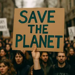 Qwen Image — A protest sign held up in a crowd reading SAVE THE