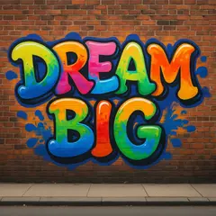 Qwen Image — A graffiti mural on a brick wall spelling DREAM BI