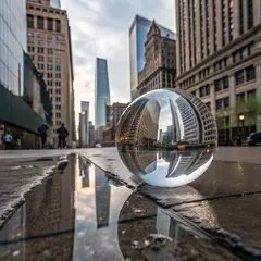 Recraft V3 — A glass sphere refracting a distorted cityscape, s