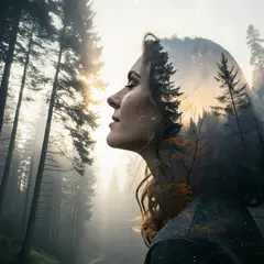 Recraft V3 — A double exposure photograph combining a forest wi