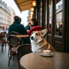 Recraft V3 — A corgi wearing a red beret sitting in a Parisian 