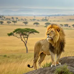 Recraft V3 — A majestic lion with a full mane, golden savanna b